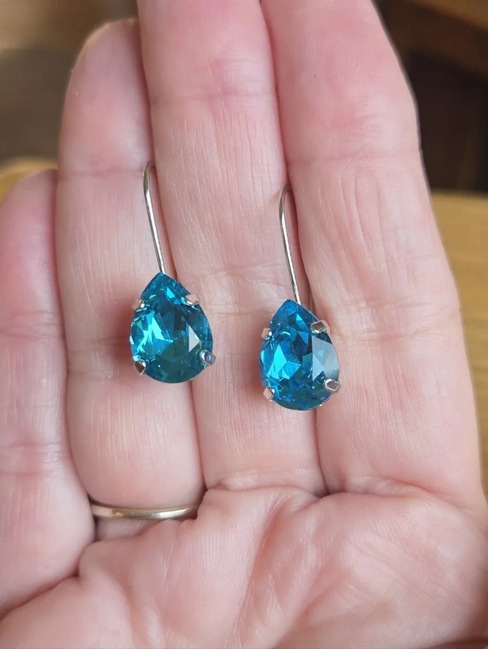 Pear Shape Blue Crystal Drop  Silver Earrings | Handmade